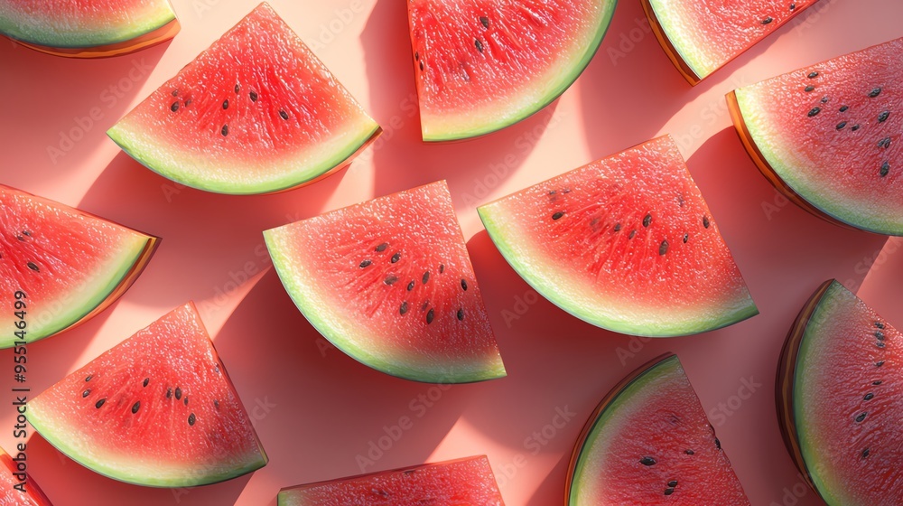 Watermelon slices, arranged in a fan pattern, 3D illustration Watermelon slices, arranged in a fan pattern, 3D illustration
