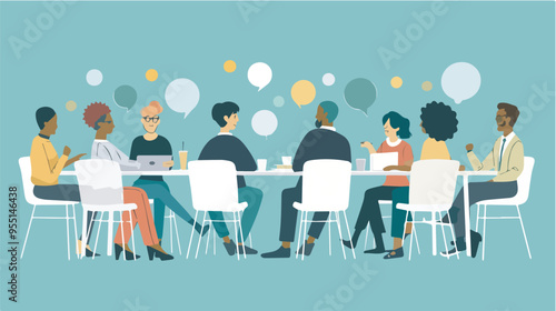 Diverse group of people meeting teamwork collaboration discussion communication brainstorming strategy meeting at work deskillustration