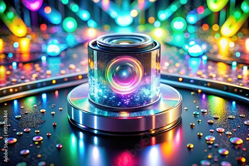 Vibrant, iridescent lights swirl around a futuristic, high-tech gadget, showcasing a mesmerizing holographic effect with shimmering colors and a sense of innovative, cutting-edge technology. photo