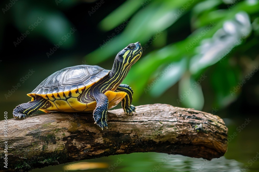 Yellow-Bellied Slider Turtle on a Log in a Lush Green Environment Yellow-Bellied Slider Turtle on a Log in a Lush Green Environment