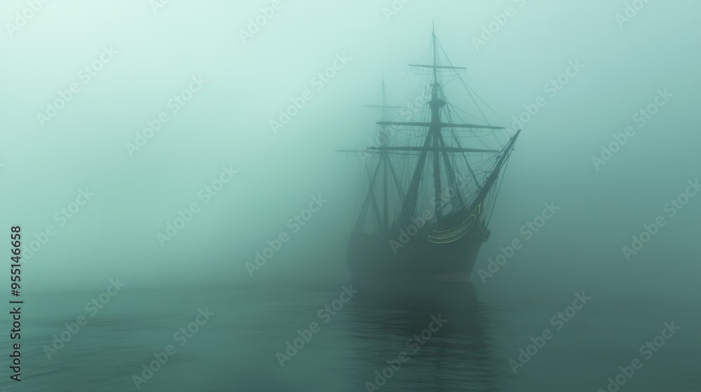 A ship navigating through foggy waters, with the outline of the vessel barely visible through the thick mist, creating an eerie, mysterious atmosphere. A ship navigating through foggy waters, with the outline of the vessel barely visible through the thick mist, creating an eerie, mysterious atmosphere.