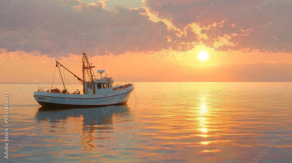 A serene scene of a small fishing boat returning to harbor at sunset, with the warm glow of the sun reflecting off the calm water. A serene scene of a small fishing boat returning to harbor at sunset, with the warm glow of the sun reflecting off the calm water.