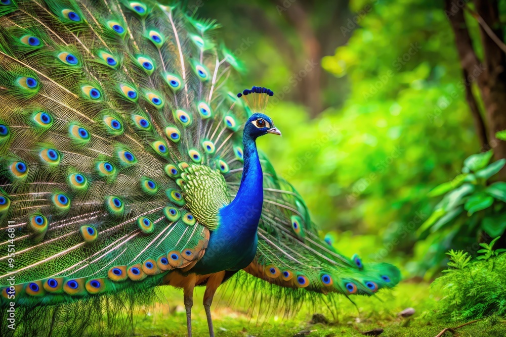 Obraz premium Vibrant male peacock proudly displays extravagant plumage, fanning out radiant blue and green feathers in a majestic courtship display against a lush green forest backdrop.