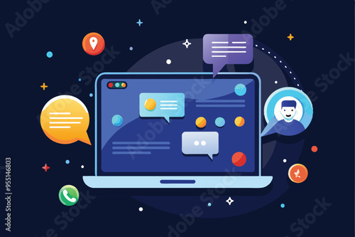 Depiction of social media dynamics, highlighting people and chat bubbles in an online messenger interface illustration.