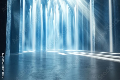 Abstract blue and white light beams illuminate a dark room creating an ethereal atmosphere.