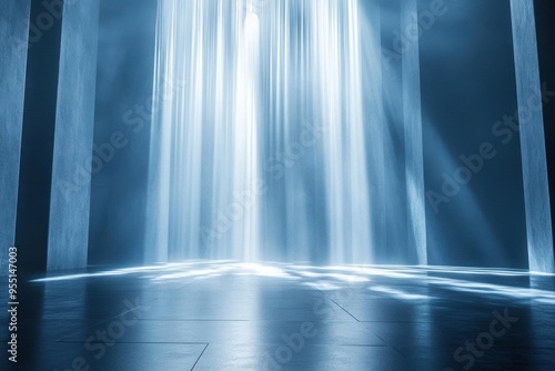 Abstract blue light rays illuminate a dark room with pillars.
