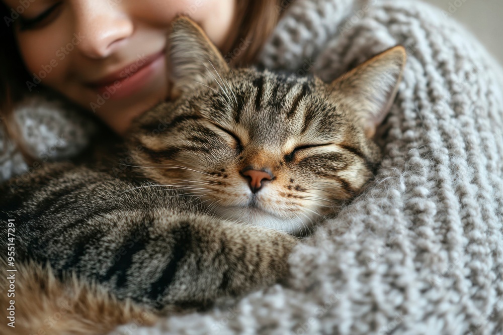 A Close-up of a Tabby Cat Sleeping on a Person's Shoulder A Close-up of a Tabby Cat Sleeping on a Person's Shoulder