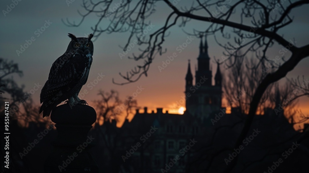 Owl Perched in Silhouette Against a Spooky Castle at Sunset on Halloween