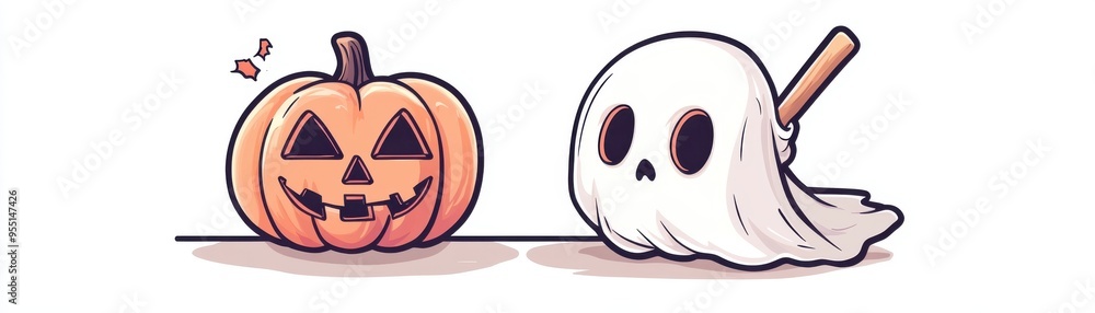 Whimsical Halloween scene featuring a carved pumpkin and a friendly ghost, perfect for festive decorations and seasonal themes. Whimsical Halloween scene featuring a carved pumpkin and a friendly ghost, perfect for festive decorations and seasonal themes.