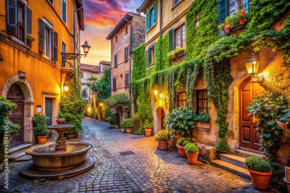 Fototapeta premium Vibrant narrow streets of Trastevere neighborhood in Rome, Italy, showcasing charming ancient architecture, ornate fountains, and lush greenery at sunset with warm golden lighting.