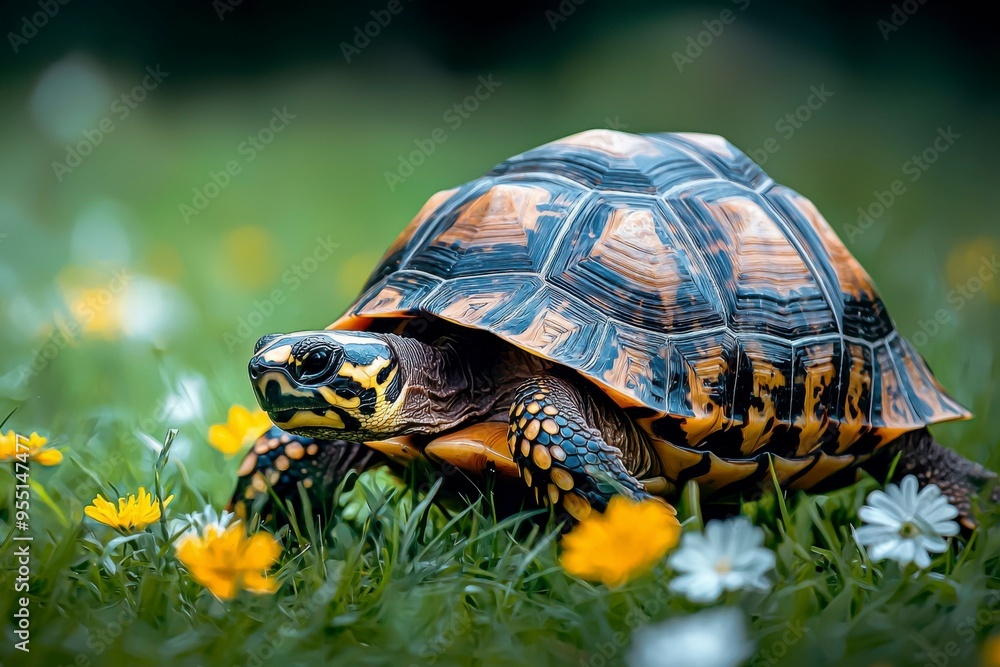 Obraz premium A Yellow-Marked Turtle Walking Through Grass and Flowers