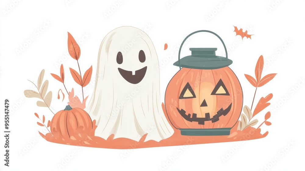 Whimsical Halloween scene featuring a friendly ghost, jack-o'-lantern, and autumn leaves, perfect for festive decor. Whimsical Halloween scene featuring a friendly ghost, jack-o'-lantern, and autumn leaves, perfect for festive decor.