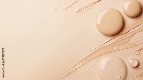 various shades of beige and light brown makeup foundation swatches, with both droplets and smears on a textured surface