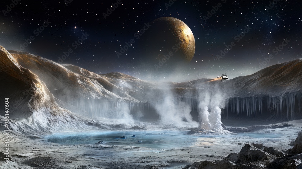 A spacecraft hovering above the surface of an icy moon, with geysers of water and ice shooting up from the ground, and the vastness of space beyond. A spacecraft hovering above the surface of an icy moon, with geysers of water and ice shooting up from the ground, and the vastness of space beyond.