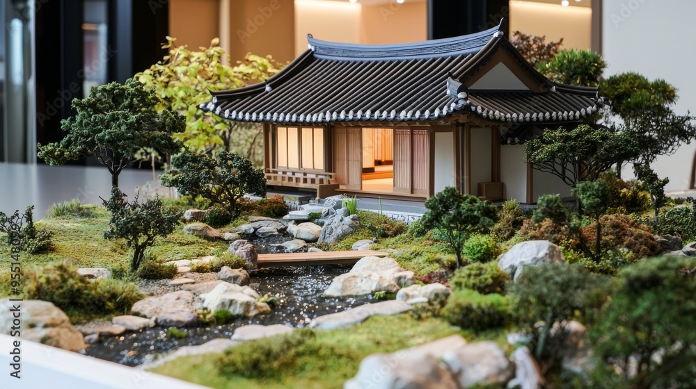 A scale model home with a Korean-style pavilion and a small stream A scale model home with a Korean-style pavilion and a small stream