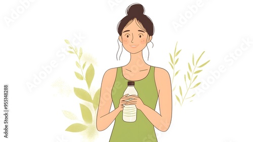 Drawing style, a woman in a green tank top holding a water bottle at waist level, against a white background, with simple lines, a vector illustration, and a flat design, doodle style