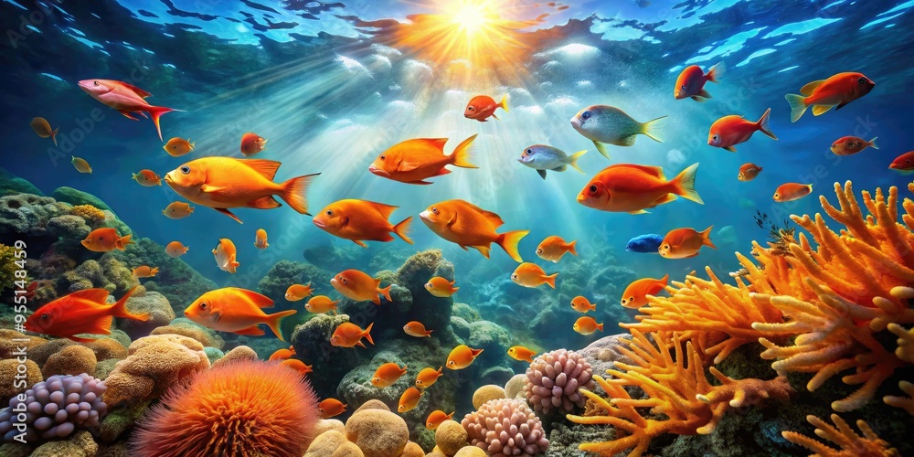 Vibrant orange fish swim in unison amidst coral reef, sunlight dancing through rippling turquoise waters, showcasing the beauty and diversity of life beneath the ocean's surface. Vibrant orange fish swim in unison amidst coral reef, sunlight dancing through rippling turquoise waters, showcasing the beauty and diversity of life beneath the ocean's surface.