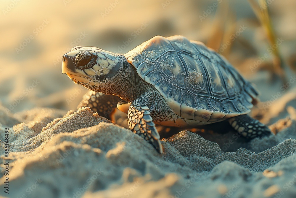 Obraz premium A Young Turtle Walking on Sand in the Sunset