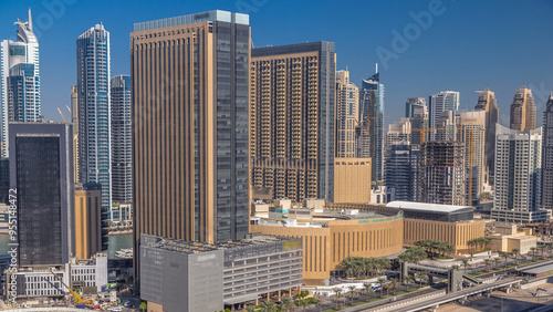 Dubai Marina skyscrapers aerial top view at morning from JLT in Dubai timelapse, UAE. photo