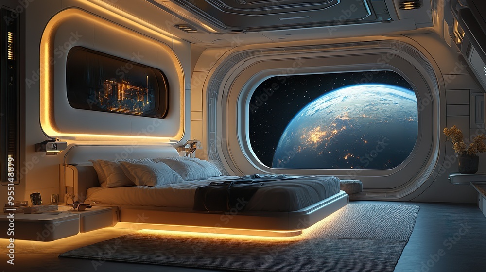 Futuristic bedroom with sleek furnishings and neon lighting for a minimalist contemporary vibe Futuristic bedroom with sleek furnishings and neon lighting for a minimalist contemporary vibe