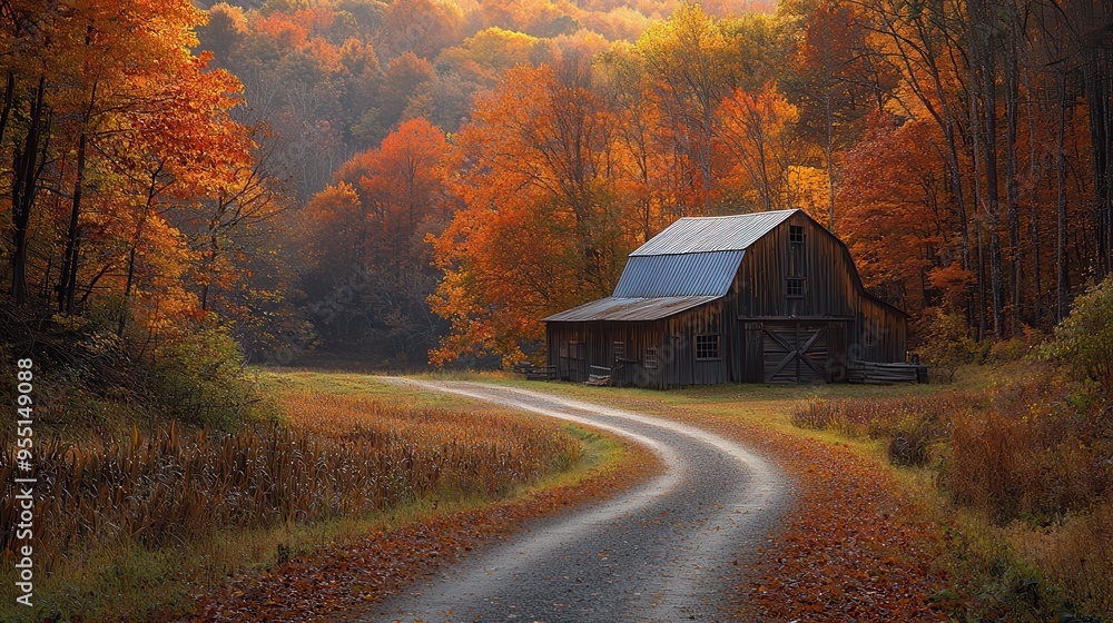Tranquil Autumn Scene with Rustic Barn in Golden Sunset Light Tranquil Autumn Scene with Rustic Barn in Golden Sunset Light