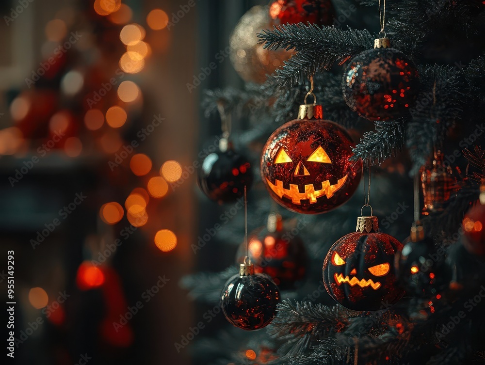 Halloween tree with spooky ornaments, set in a dark room, eerie style, wide shot, soft lighting, high contrast, detailed background Halloween tree with spooky ornaments, set in a dark room, eerie style, wide shot, soft lighting, high contrast, detailed background