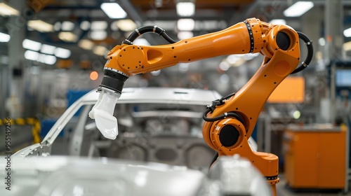 An orange robotic arm in a factory setting is assembling a car.