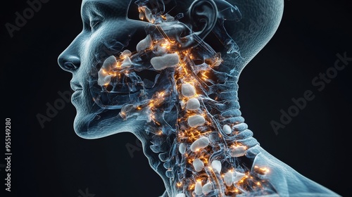 thyroid gland produce This hormone is responsible for regulating the metabolism. body temperature level Blood lipid levels Including emotions holographic scan projection 3D rendering photo