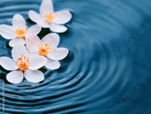 tranquil mindfulness delicate white flowers floating on deep blue water, symbol of peace, serenity, and inner harmony.
