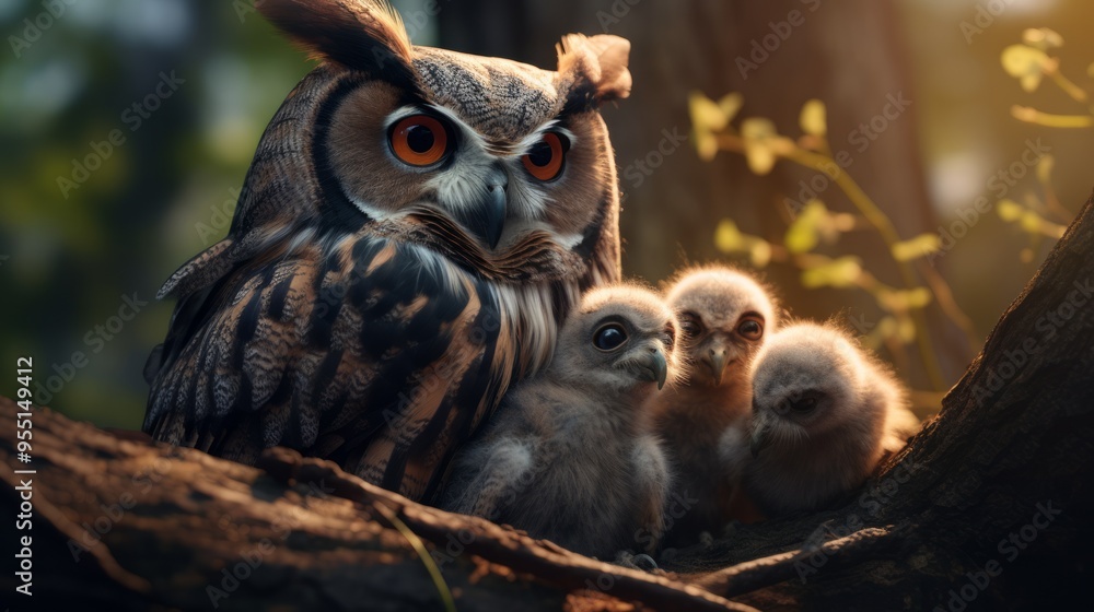 Few baby great horned owlets with adult in a nest close to a pine tree. Neural network ai generated art Few baby great horned owlets with adult in a nest close to a pine tree. Neural network ai generated art