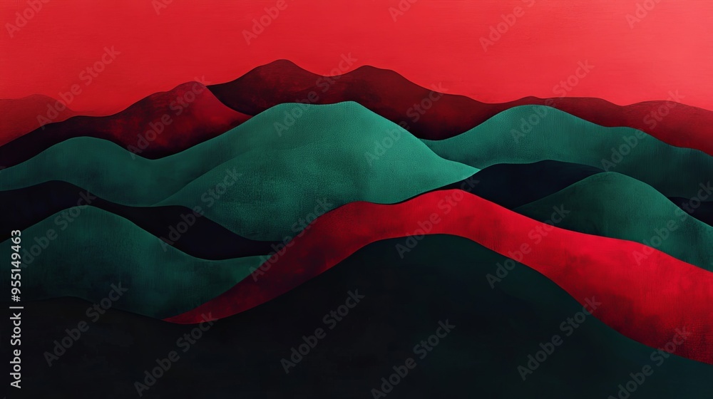 Naklejka premium overlapping dark green and red mountain-like shapes against a bold red background