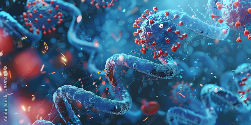3D Illustration of Viruses in Microscopic View with Glowing Red Elements – Disease and Microbiology Research 3D Illustration of Viruses in Microscopic View with Glowing Red Elements – Disease and Microbiology Research
