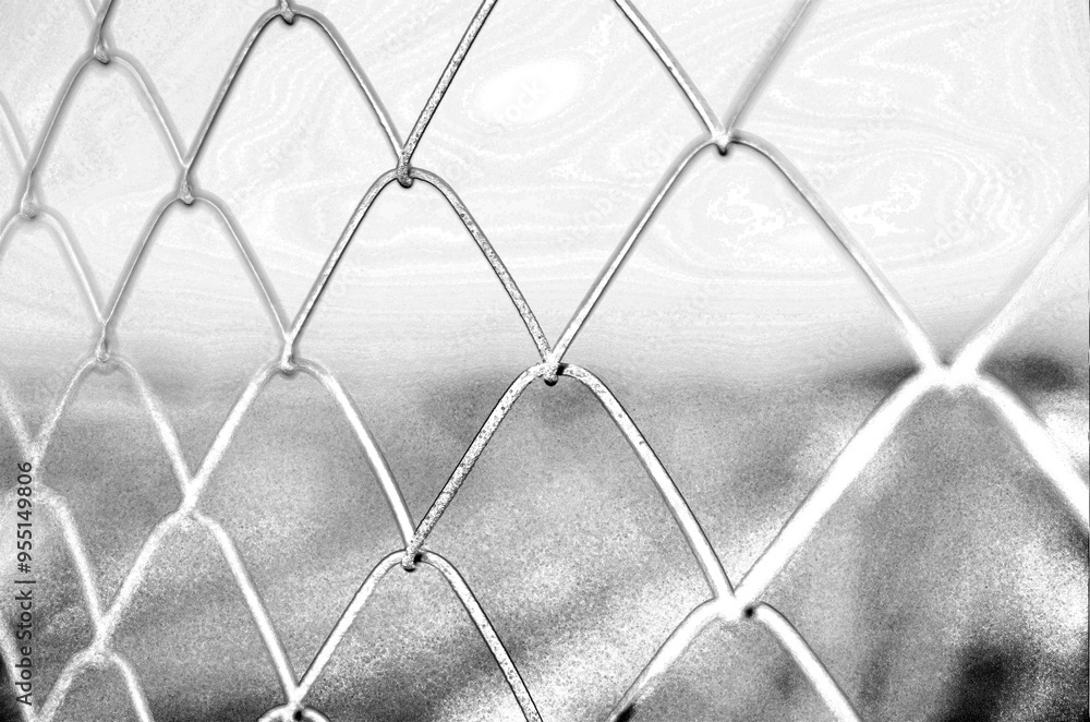 Fototapeta premium Chain link grid fence, pencil drawn sketch illustration