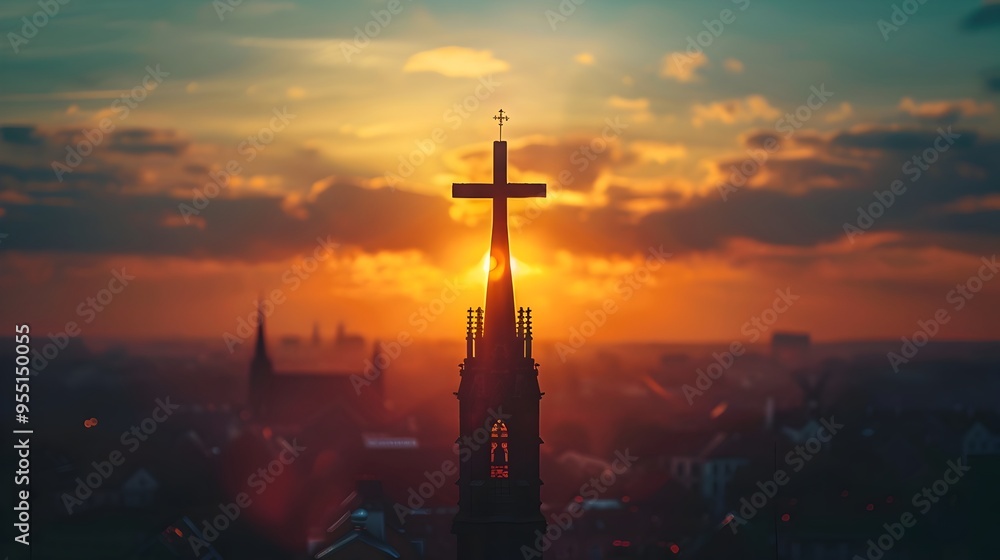 Naklejka premium Dramatic Cross Shaped Shadow Casts Ethereal Light at Sunset Over Towering Church Spire