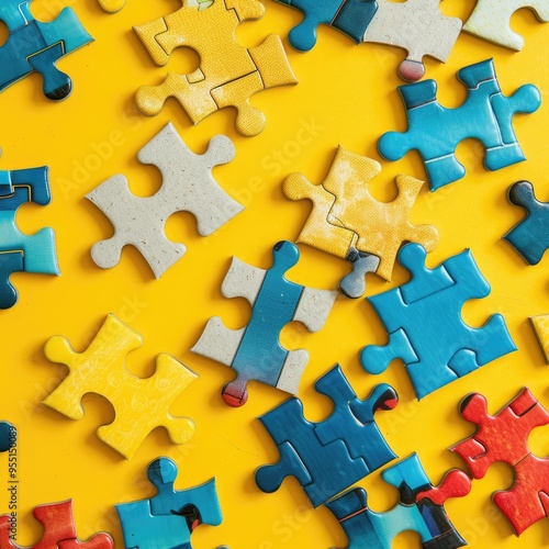 Image of colorful puzzle pieces scattered randomly on a vibrant yellow background, creating a playful and engaging visual concept.