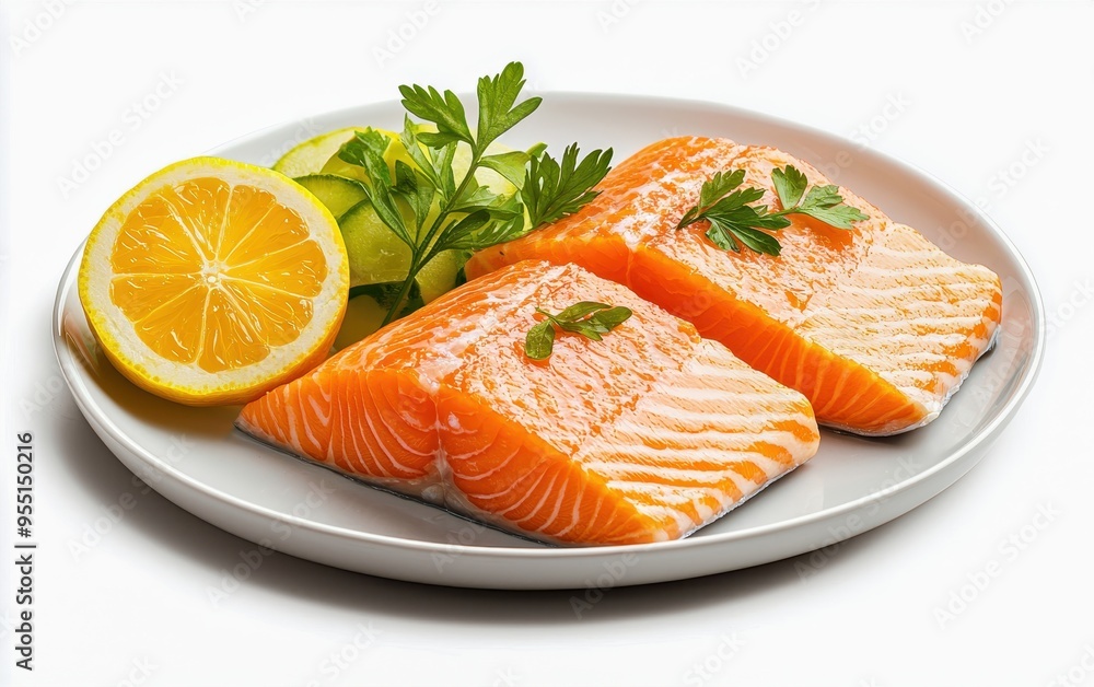 Fresh salmon fillets garnished with parsley and served with lemon slices and cucumber on a white plate. Fresh salmon fillets garnished with parsley and served with lemon slices and cucumber on a white plate.