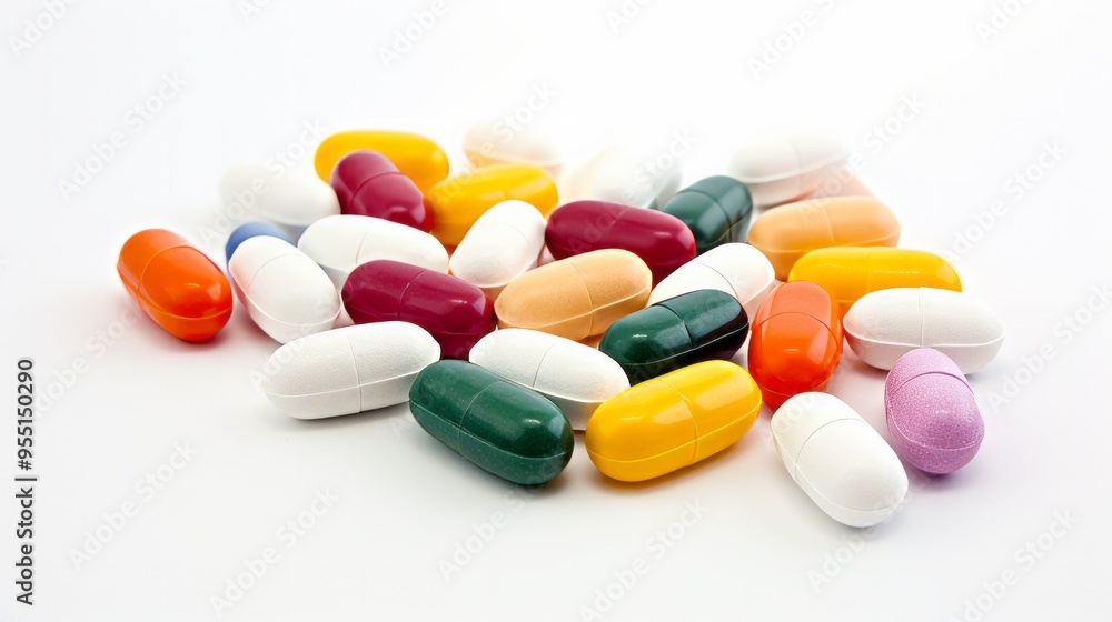 Many colored capsule pills on white background. Neural network ai generated art Many colored capsule pills on white background. Neural network ai generated art