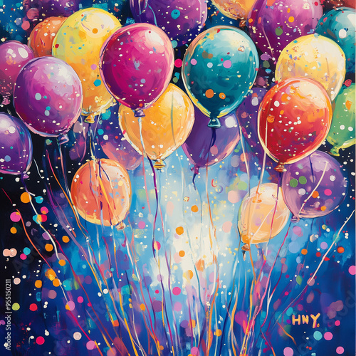 Wallpaper Mural A retro-style New Year’s design showcasing a vintage hot air balloon with a "Happy New Year" banner  HNY Torontodigital.ca