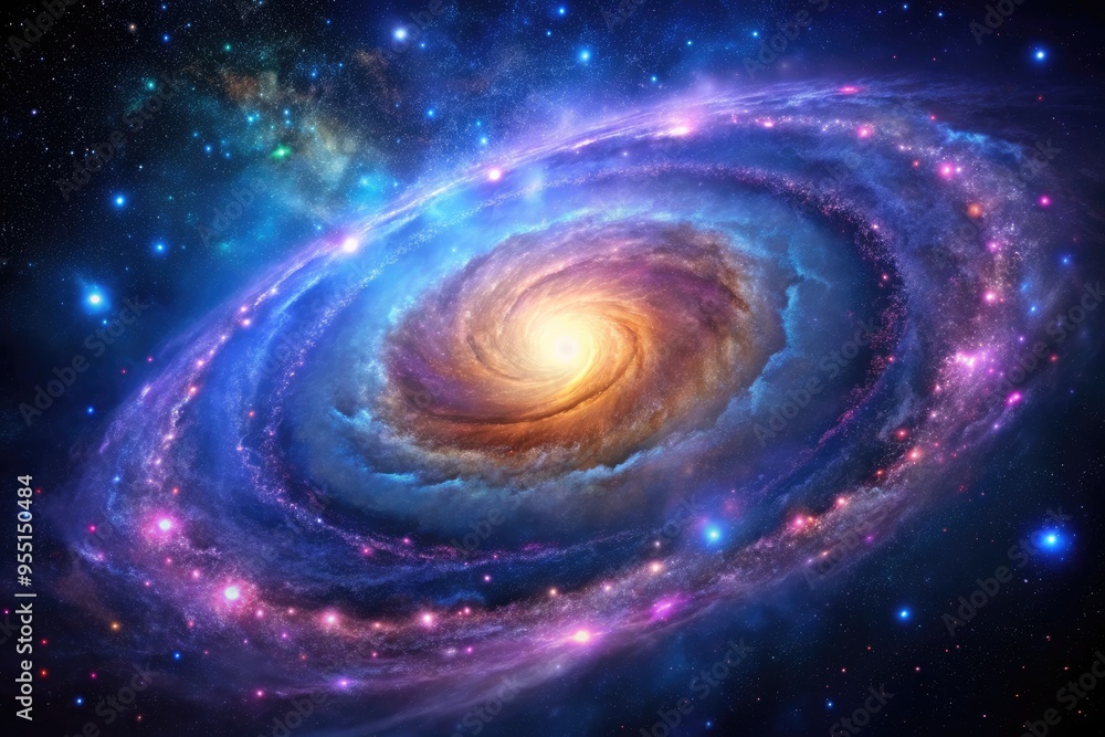 Vibrant spiral arms of a stunning galaxy swirl through the cosmos, illuminated by millions of stars, against a deep blue and purple nebula background. Vibrant spiral arms of a stunning galaxy swirl through the cosmos, illuminated by millions of stars, against a deep blue and purple nebula background.