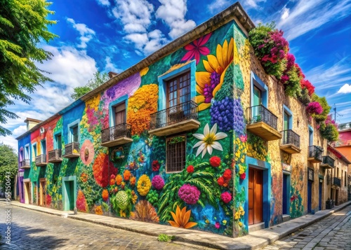 Vibrant street art mural adorns a colorful building facade in Tlalpan, Mexico City, surrounded by lush greenery and vibrant flowers against a bright blue sky.