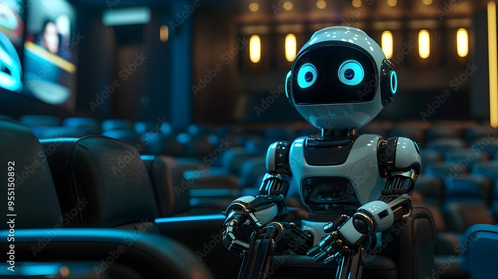 Obraz premium Sophisticated Entertainment Robot Projecting Movie on Home Theater Screen