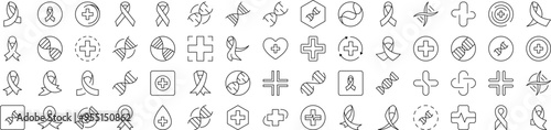 Collection of Outline Symbols of Medical Cross, Pink Ribbon, DNA Drawn with Thin Line for apps, web sites, banners, infographics and other types of design