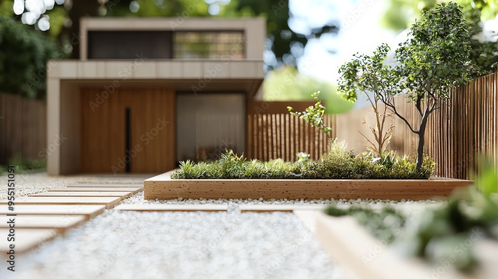 A scale model home with a small courtyard and a wooden fence A scale model home with a small courtyard and a wooden fence
