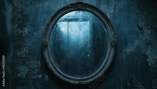 Haunted mirror with ghostly reflections, placed on a dark wall, eerie style, close-up, soft lighting, high contrast, spooky mood