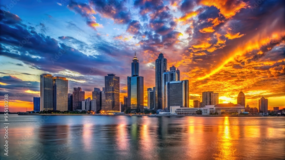 Vibrant sunset casts a warm glow on the Detroit skyline, featuring the Renaissance Center and other iconic buildings along the sparkling Detroit River. Vibrant sunset casts a warm glow on the Detroit skyline, featuring the Renaissance Center and other iconic buildings along the sparkling Detroit River.