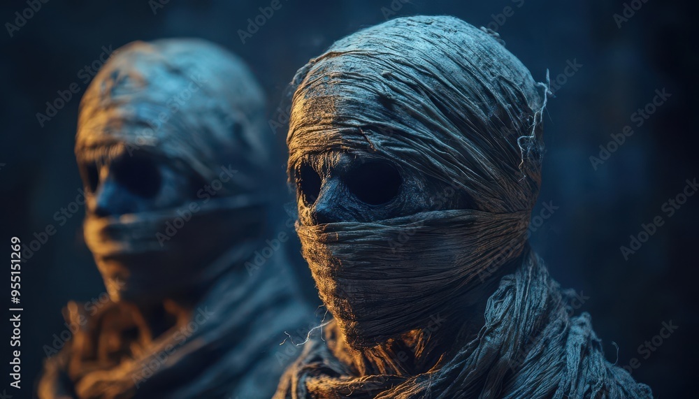 Mummy decorations with wrapped figures, set against a dark background, spooky style, soft lighting, close-up, high detail Mummy decorations with wrapped figures, set against a dark background, spooky style, soft lighting, close-up, high detail