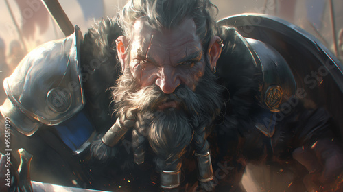 determined dwarf warrior with battle scars, gripping a sword with a piercing gaze, ready to charge into the fray with an unyielding spirit photo