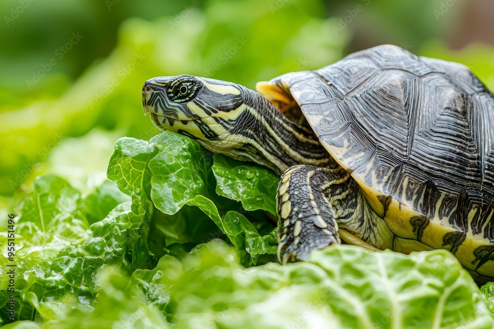 Turtle Resting on Green Leafy Plant Turtle Resting on Green Leafy Plant