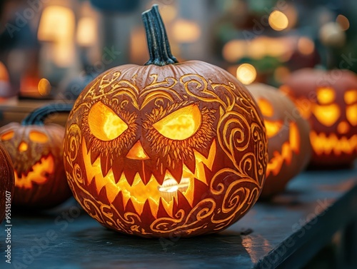 Pumpkin carving patterns with spooky designs, laid out on a table, creative style, close-up, soft lighting, warm tones, high detail photo