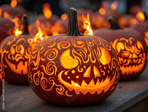 Pumpkin carving patterns with spooky designs, laid out on a table, creative style, close-up, soft lighting, warm tones, high detail photo